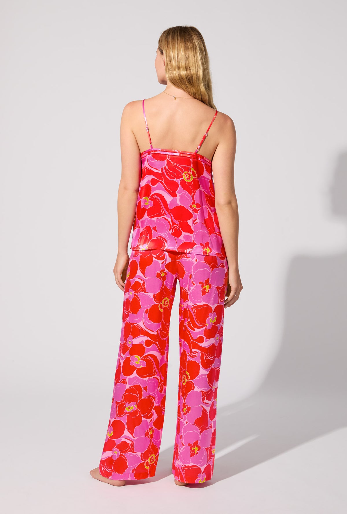 A lady wearing BedHead X Trina Turk Winter Orchids Cami Tank Woven Washable Silk Long PJ Set