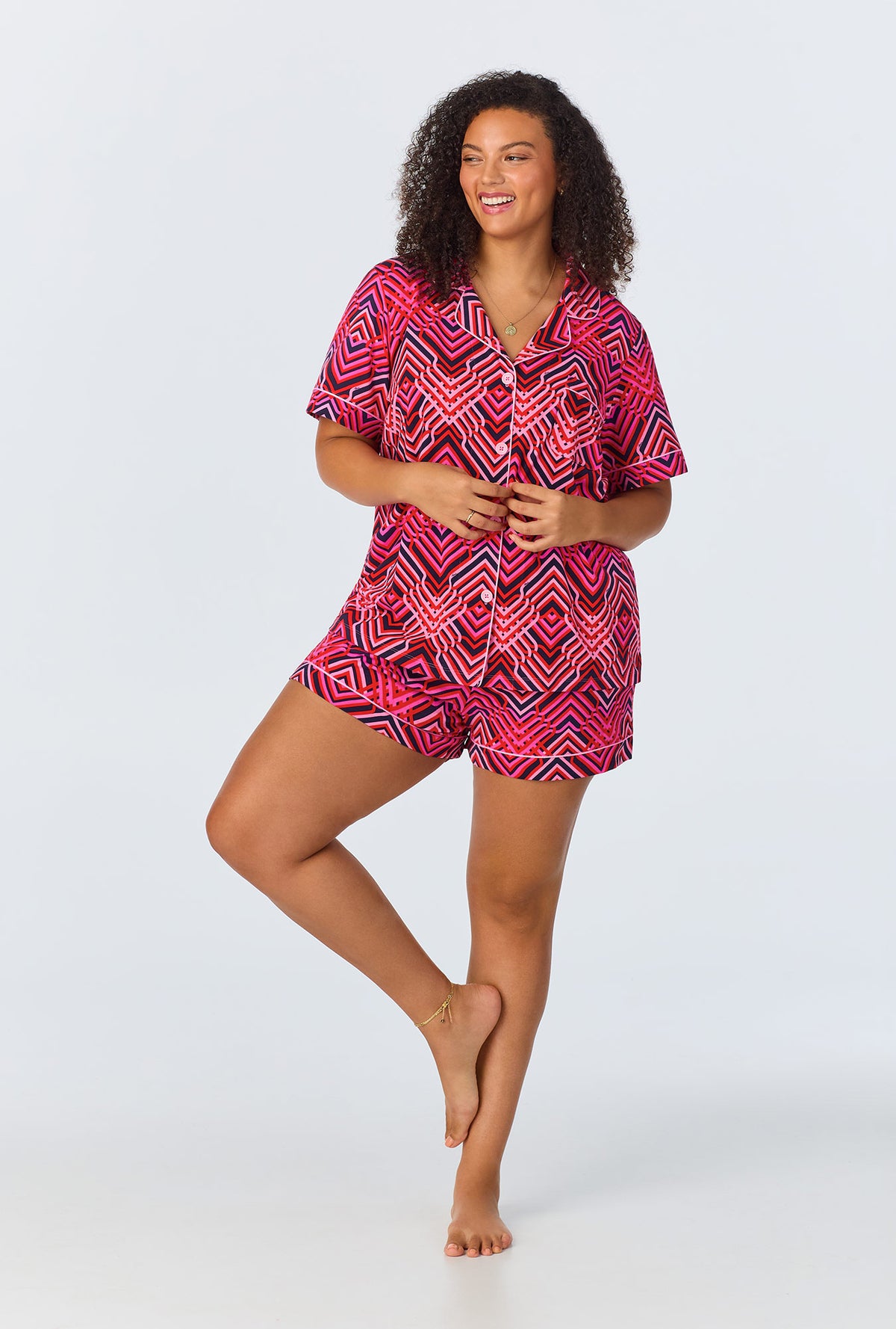 A lady wearing Geo Trellis Short Sleeve Classic Shorty Stretch Jersey PJ Set