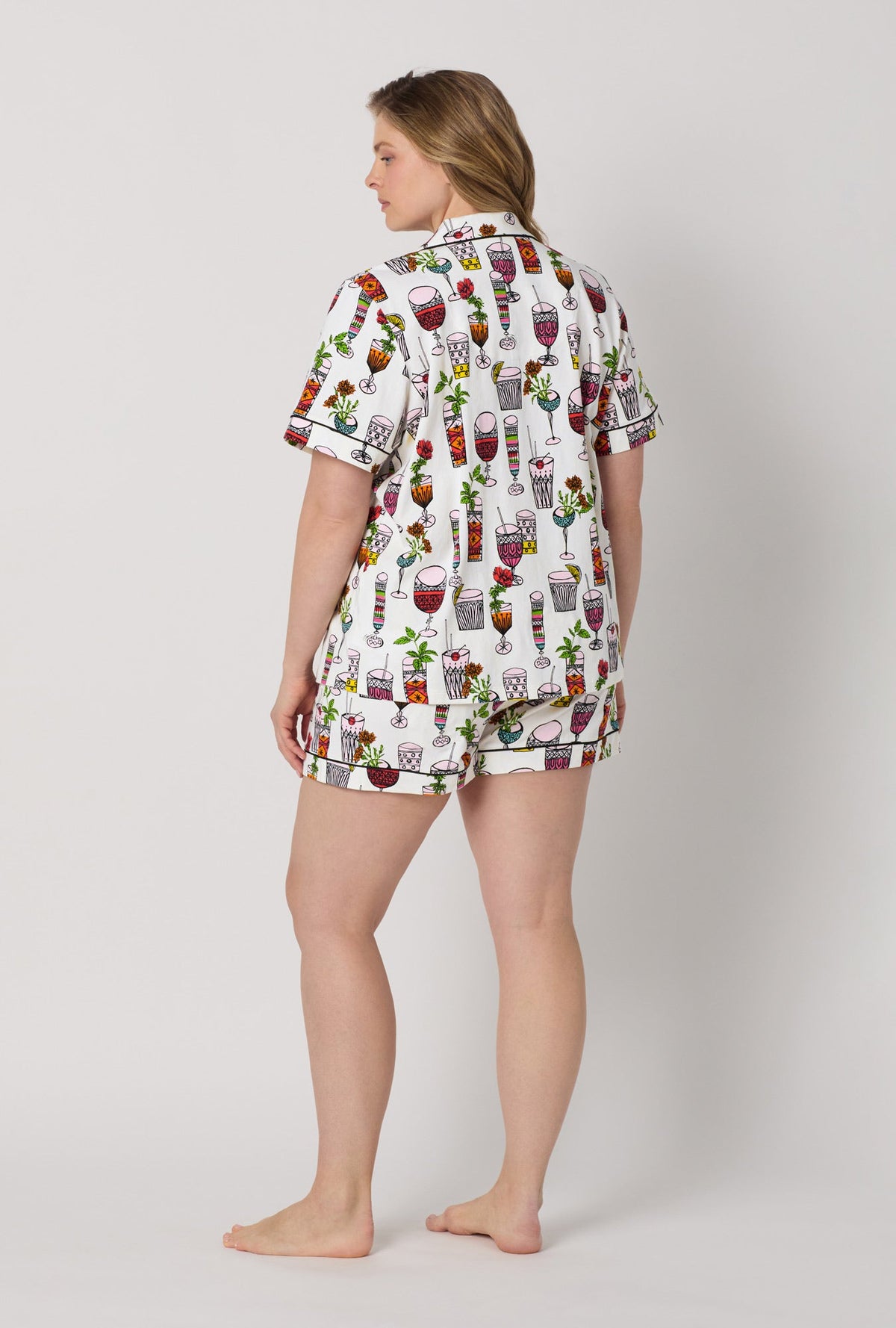 A lady wearing plus size  White Short Sleeve Classic Shorty Stretch Jersey Pj Set back view