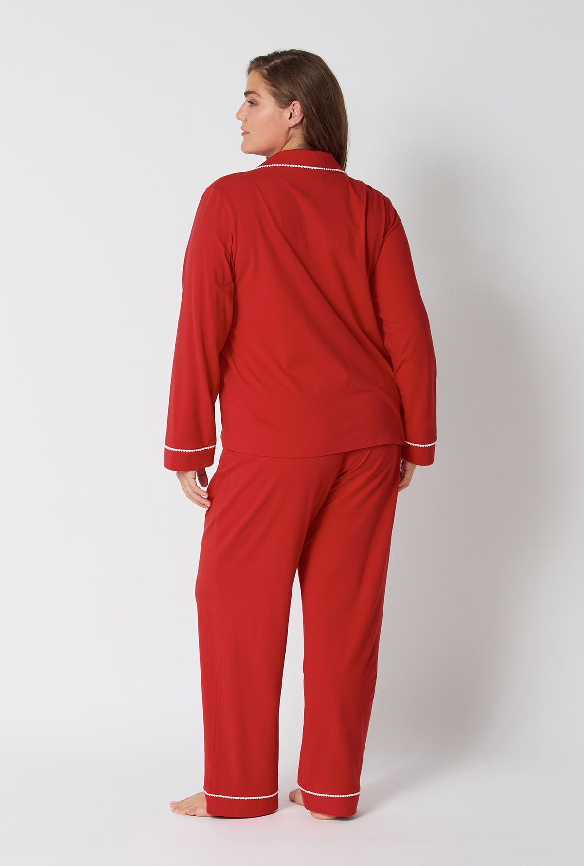 A lady wearing Mars Red Long Sleeve Classic Stretch Jersey Pj Set