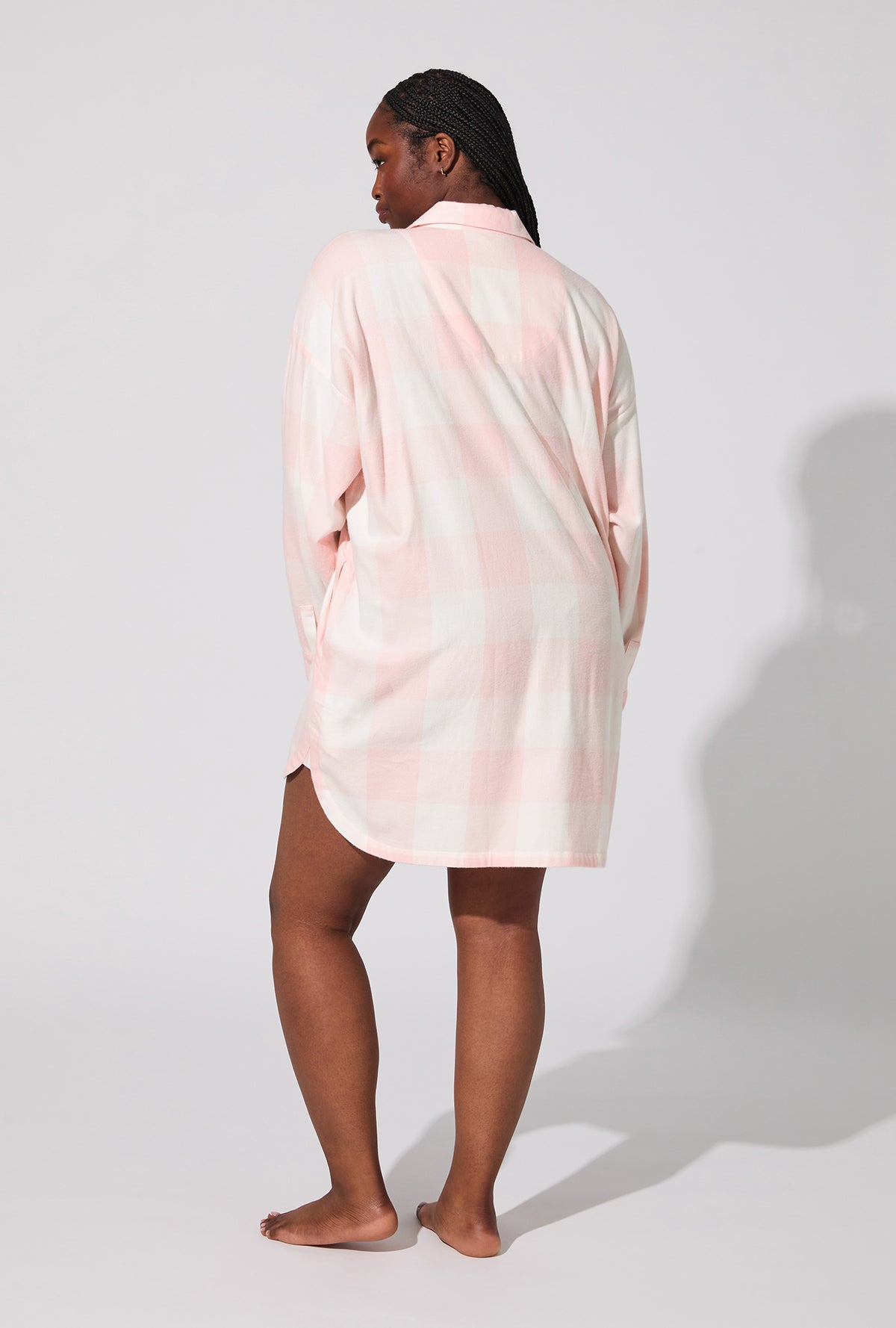 A lady wearing Checking In High Low Woven Portuguese Flannel Boyfriend Shirt