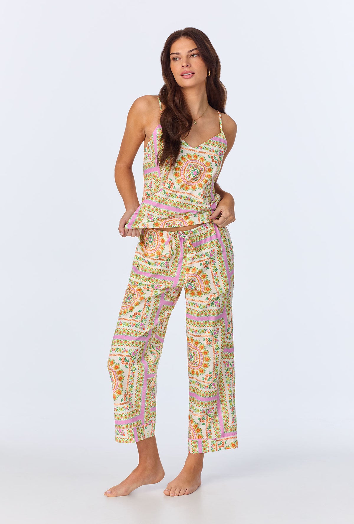 A lady wearing California Dreaming Cami Woven Cotton Poplin Cropped PJ set