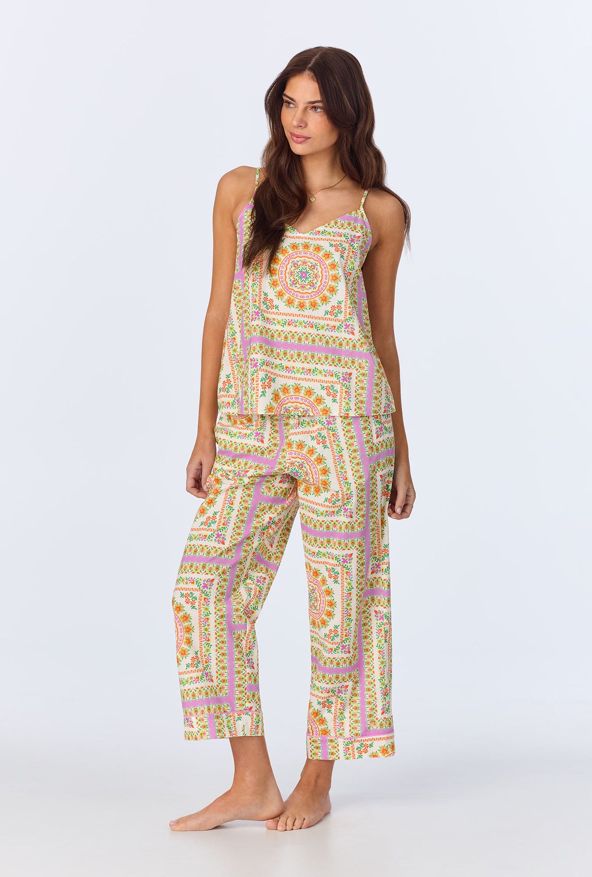 A lady wearing California Dreaming Cami Woven Cotton Poplin Cropped PJ set