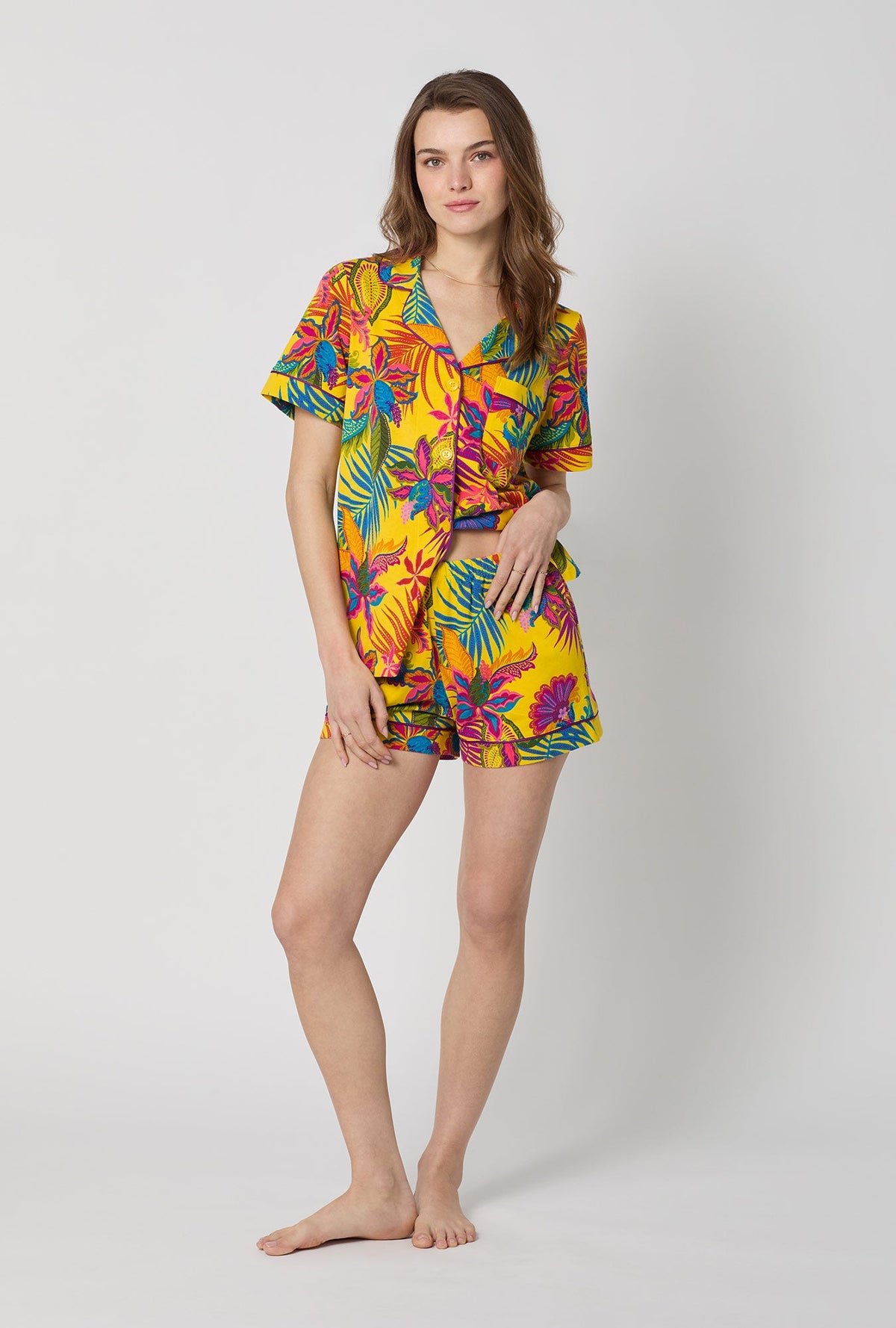 A lady wearing  Yellow Short Sleeve Classic Shorty Stretch Jersey Pj Set front view