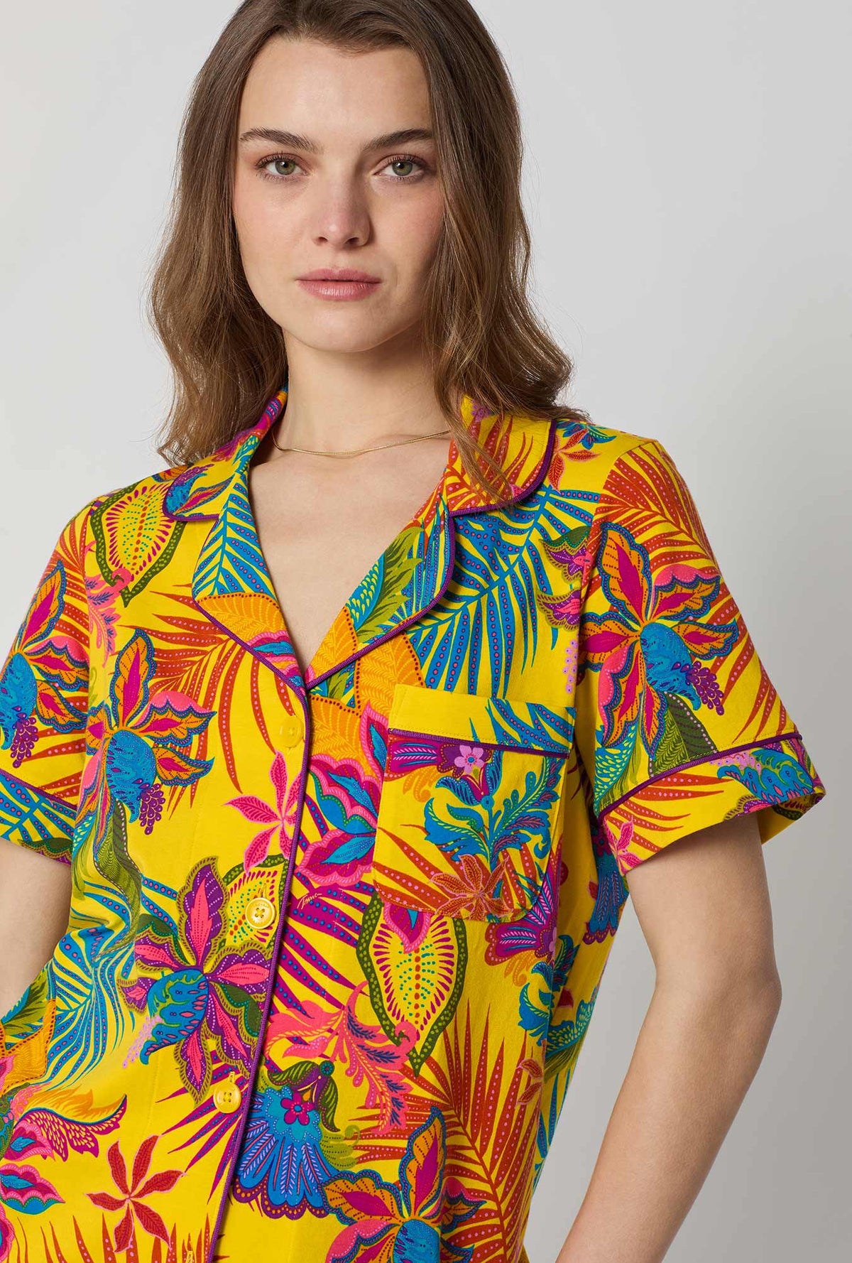 A closeup of A lady wearing  Yellow Short Sleeve Classic Shorty Stretch Jersey Pj Set