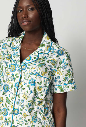 A closeup of A lady wearing White Short Sleeve Classic Shorty Woven Tana Lawn® PJ Set Made with Liberty Fabric