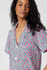 A Lady Wearing  Petite Petunias Short Sleeve Classic Stretch Jersey Cropped Pj Set in a close up view pose