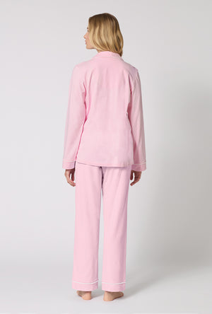 A lady wearing Pink Powder Long Sleeve Classic Stretch Jersey Pj Set back view