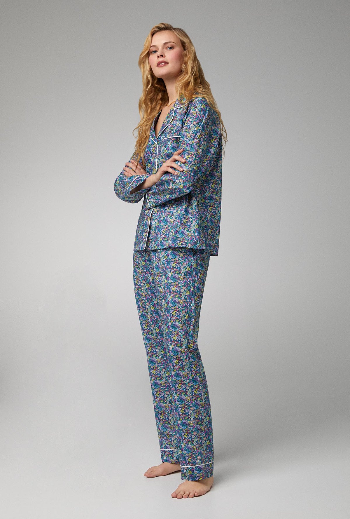 A lady wearing long sleeve classic cotton pj set with classic garden print
