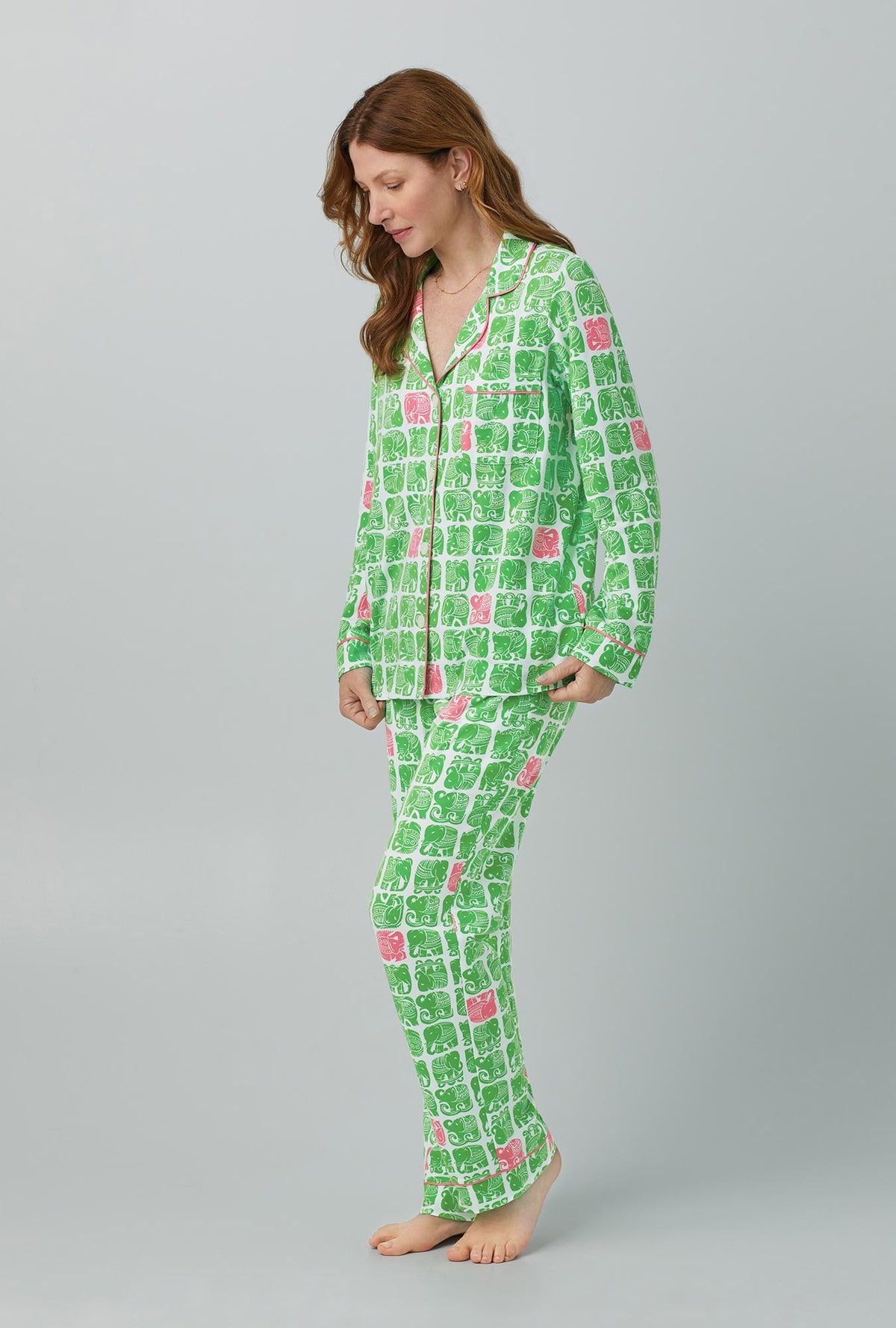 A lady wearing green Long Sleeve Classic Stretch Jersey PJ Set with  Turk Elephants print