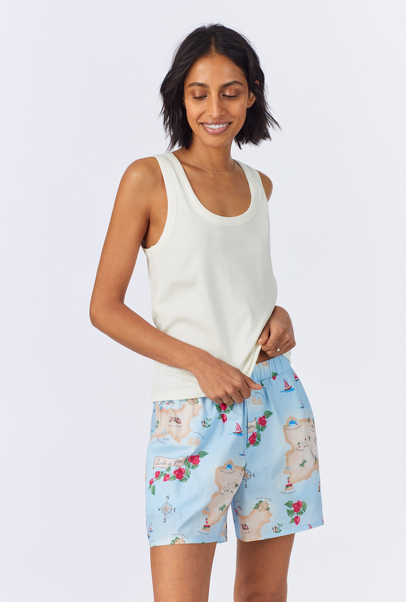 A lady wearing Ciao Capri Knit Tank Woven Cotton Poplin Boxer PJ Set