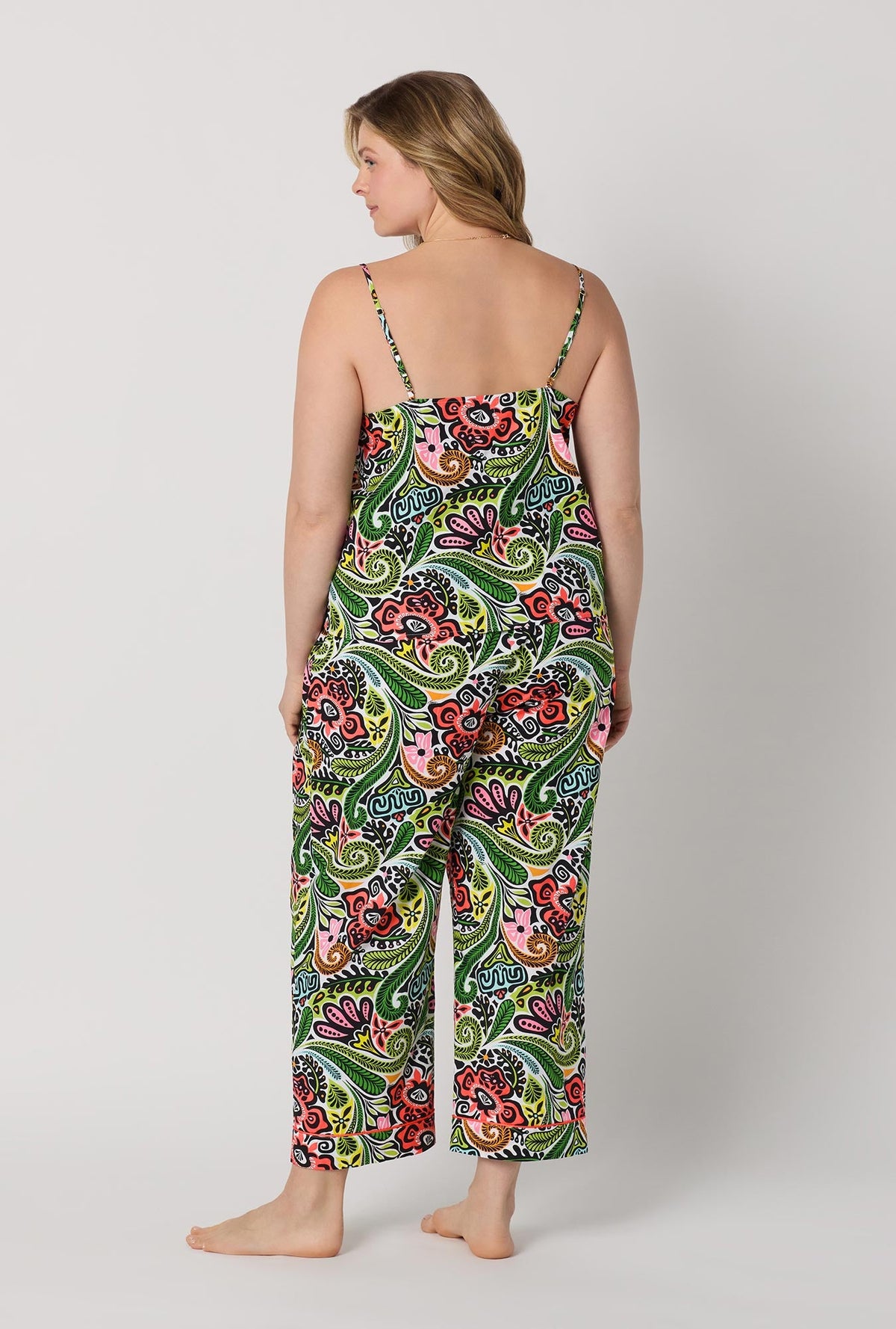 A lady wearing plus size  Multi-Color Cami Woven Cotton Poplin Cropped Pj Set back view