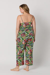 A lady wearing plus size  Multi-Color Cami Woven Cotton Poplin Cropped Pj Set back view