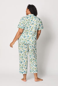 A lady wearing plus size White Short Sleeve Classic Woven Tana Lawn® Cropped Pj Set Made With Liberty Fabric back view