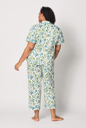 A lady wearing plus size White Short Sleeve Classic Woven Tana Lawn® Cropped Pj Set Made With Liberty Fabric back view