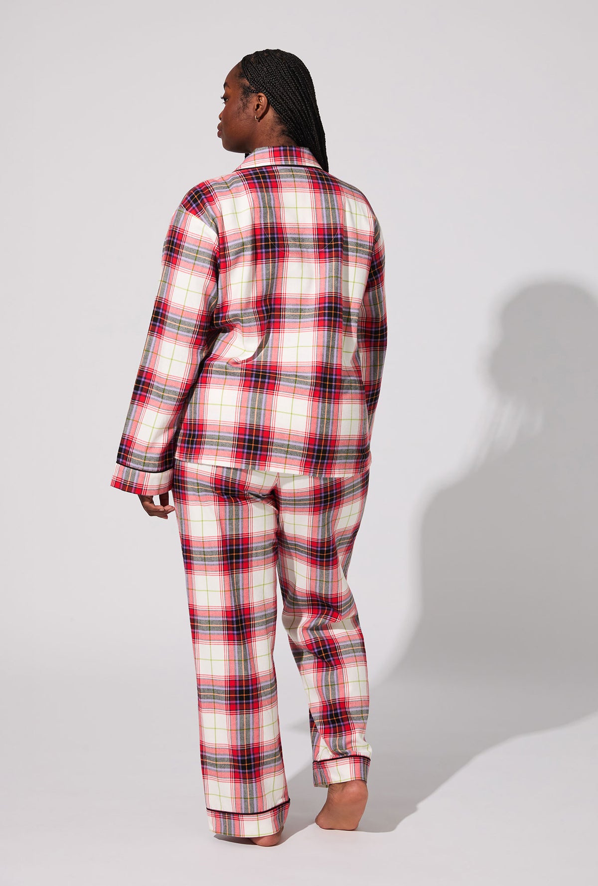 A lady wearing Equestrian Plaid Long Sleeve Classic Woven Portuguese Flannel PJ Set