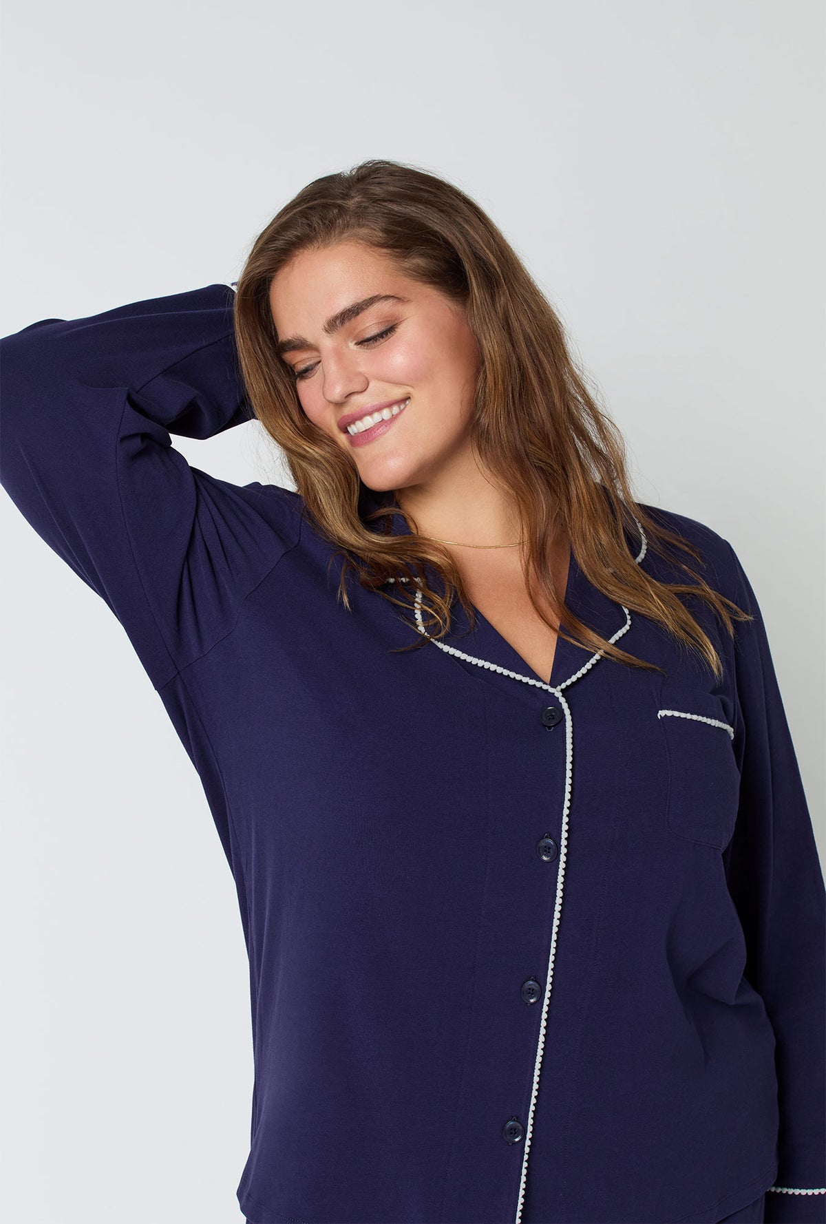A lady wearing Midnight Navy Long Sleeve Classic Stretch Jersey Pj Set