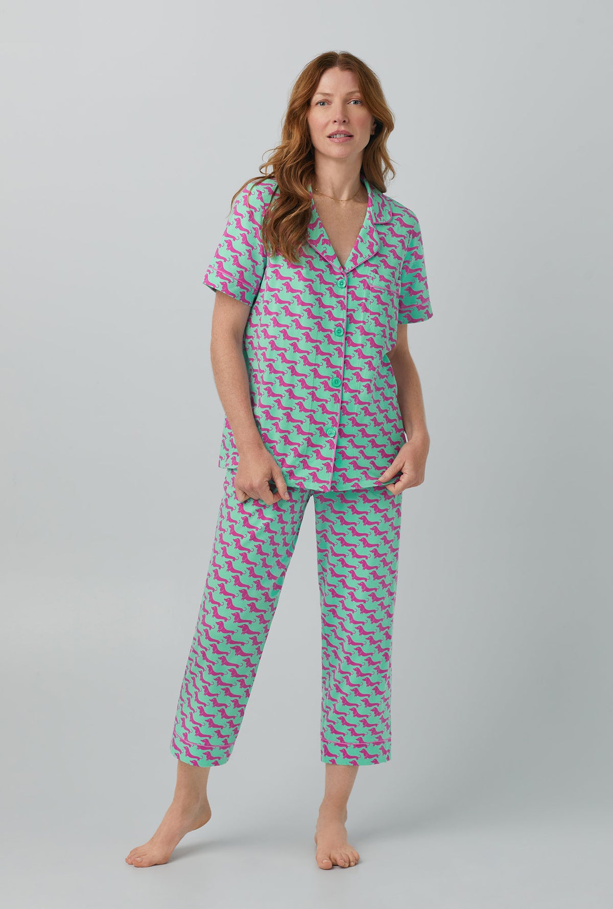 BedHead x Trina Turk Dog Walk Short Sleeve Classic Stretch Jersey Cropped  PJ Set