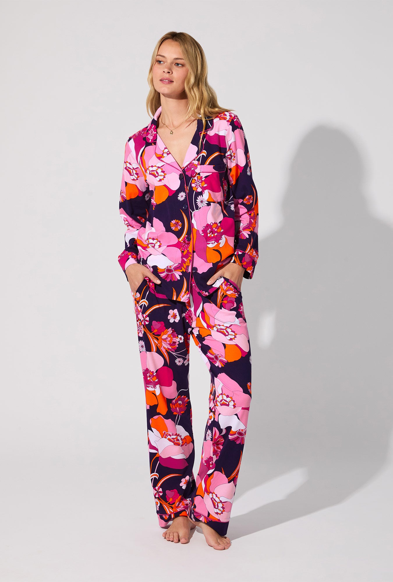 A lady wearing Floral Medley Long Sleeve Classic Stretch Jersey PJ Set