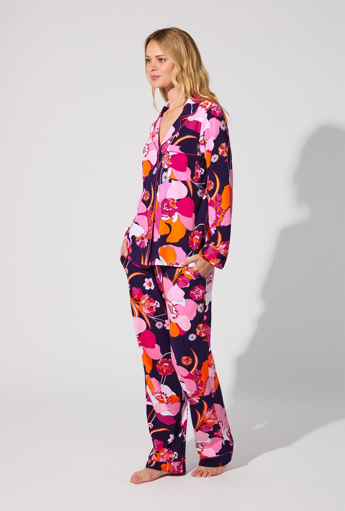 A lady wearing Floral Medley Long Sleeve Classic Stretch Jersey PJ Set