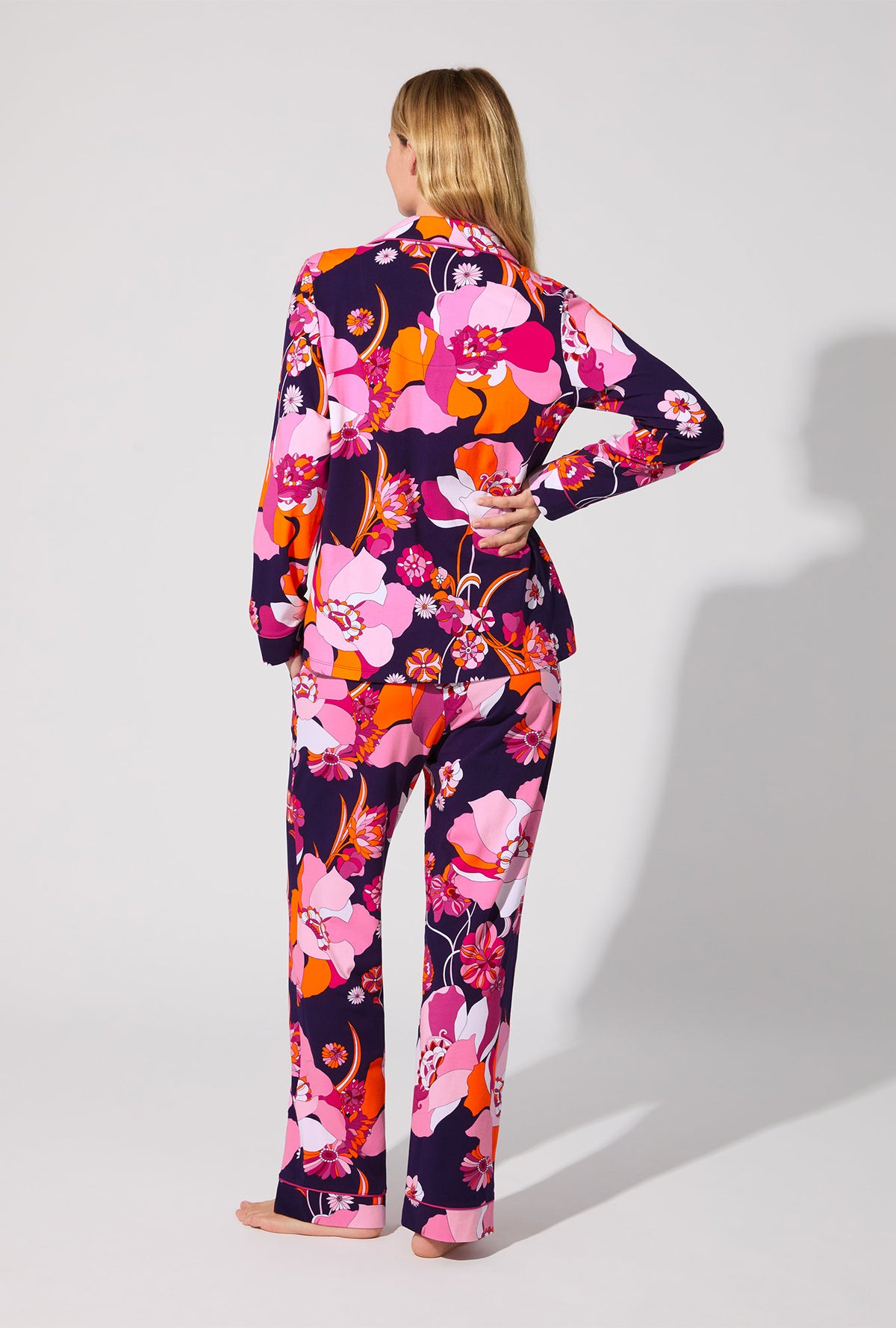 A lady wearing Floral Medley Long Sleeve Classic Stretch Jersey PJ Set