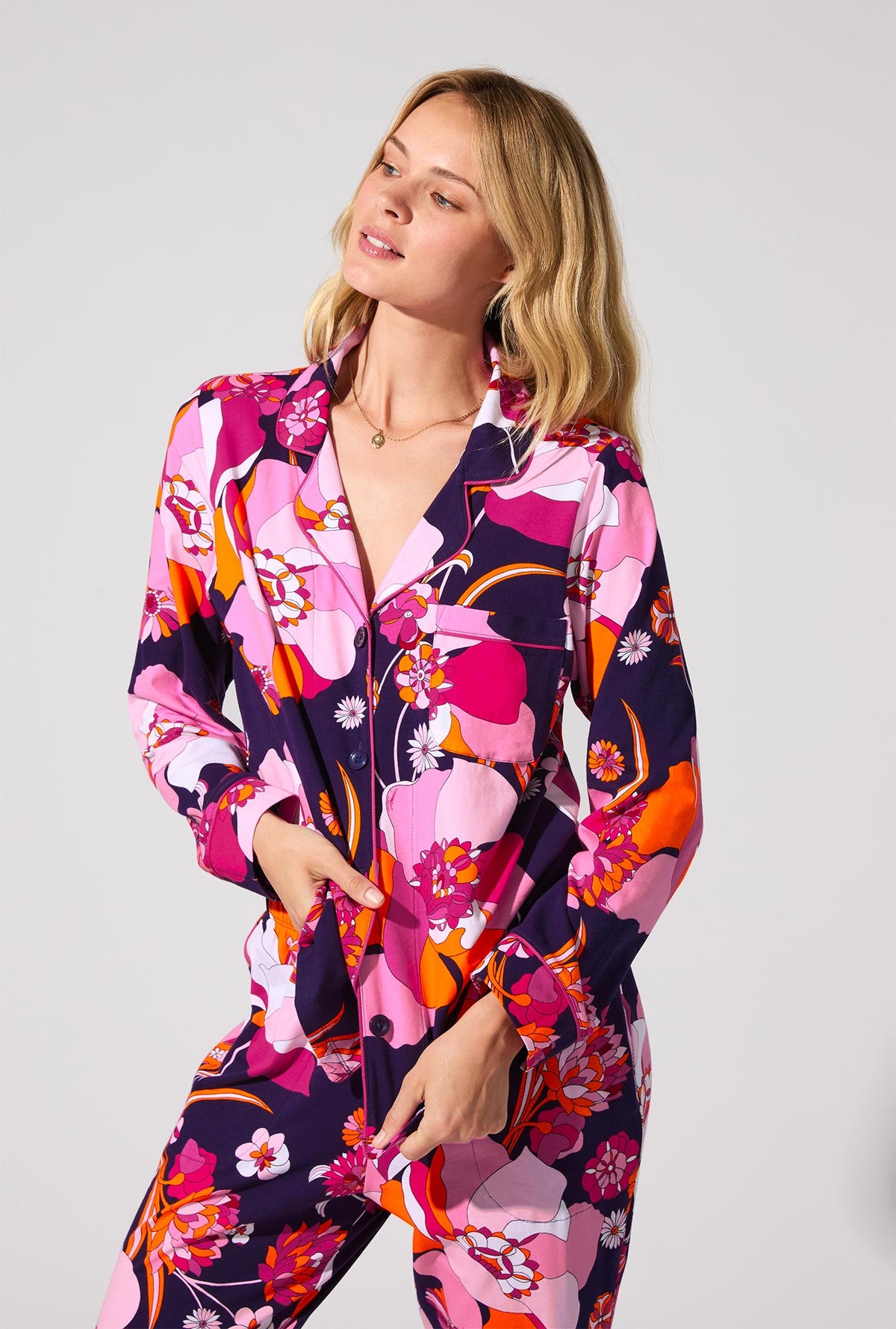 A lady wearing Floral Medley Long Sleeve Classic Stretch Jersey PJ Set