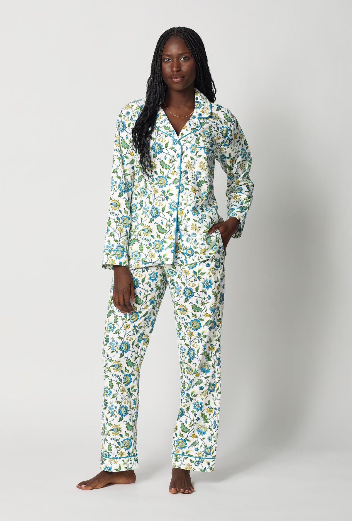 A lady wearing White Long Sleeve Classic Woven Tana Lawn® Pj Set Made With Liberty Fabric front view