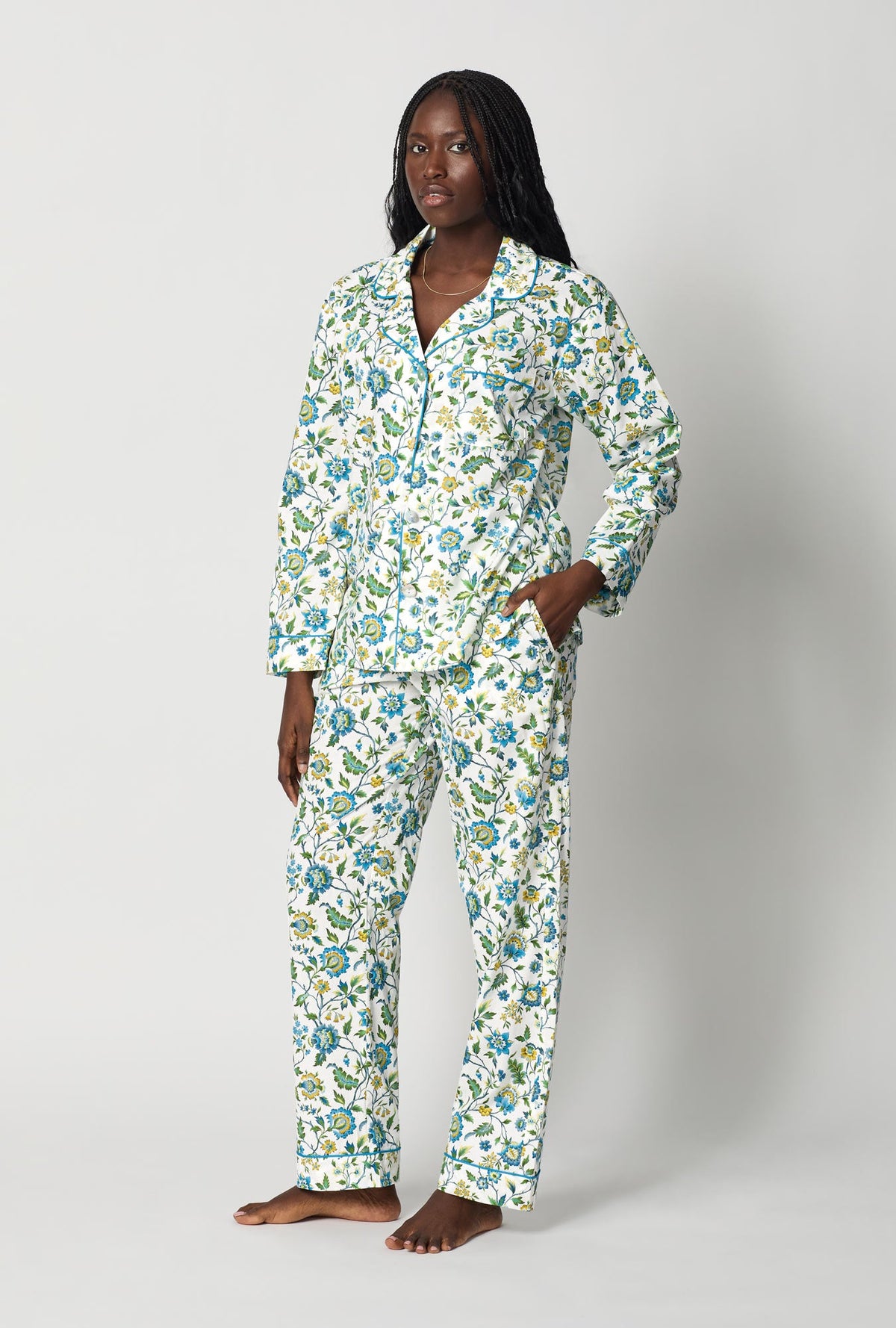 A lady wearing White Long Sleeve Classic Woven Tana Lawn® Pj Set Made With Liberty Fabric side view