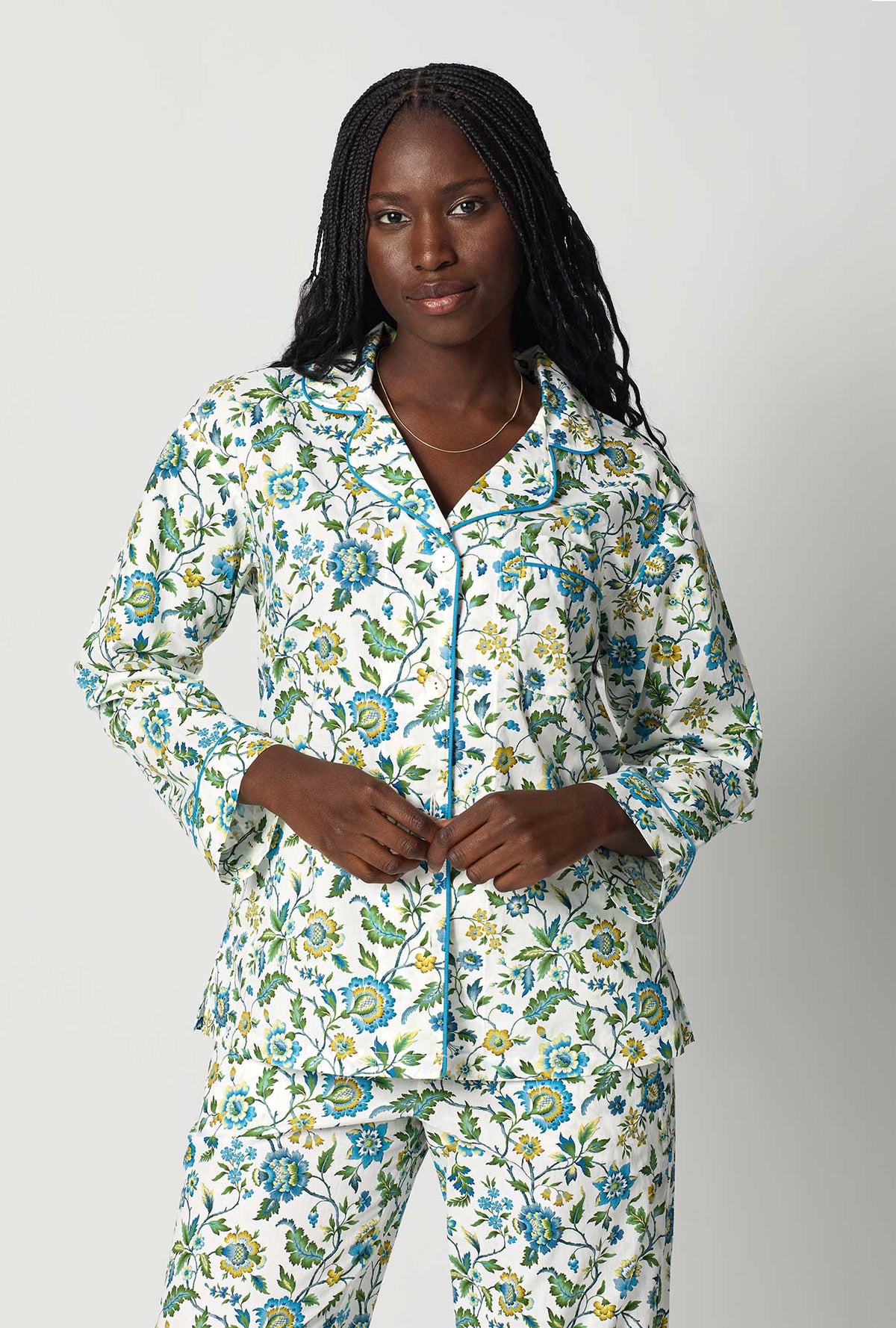 A closeup of A lady wearing White Long Sleeve Classic Woven Tana Lawn® Pj Set Made With Liberty Fabric