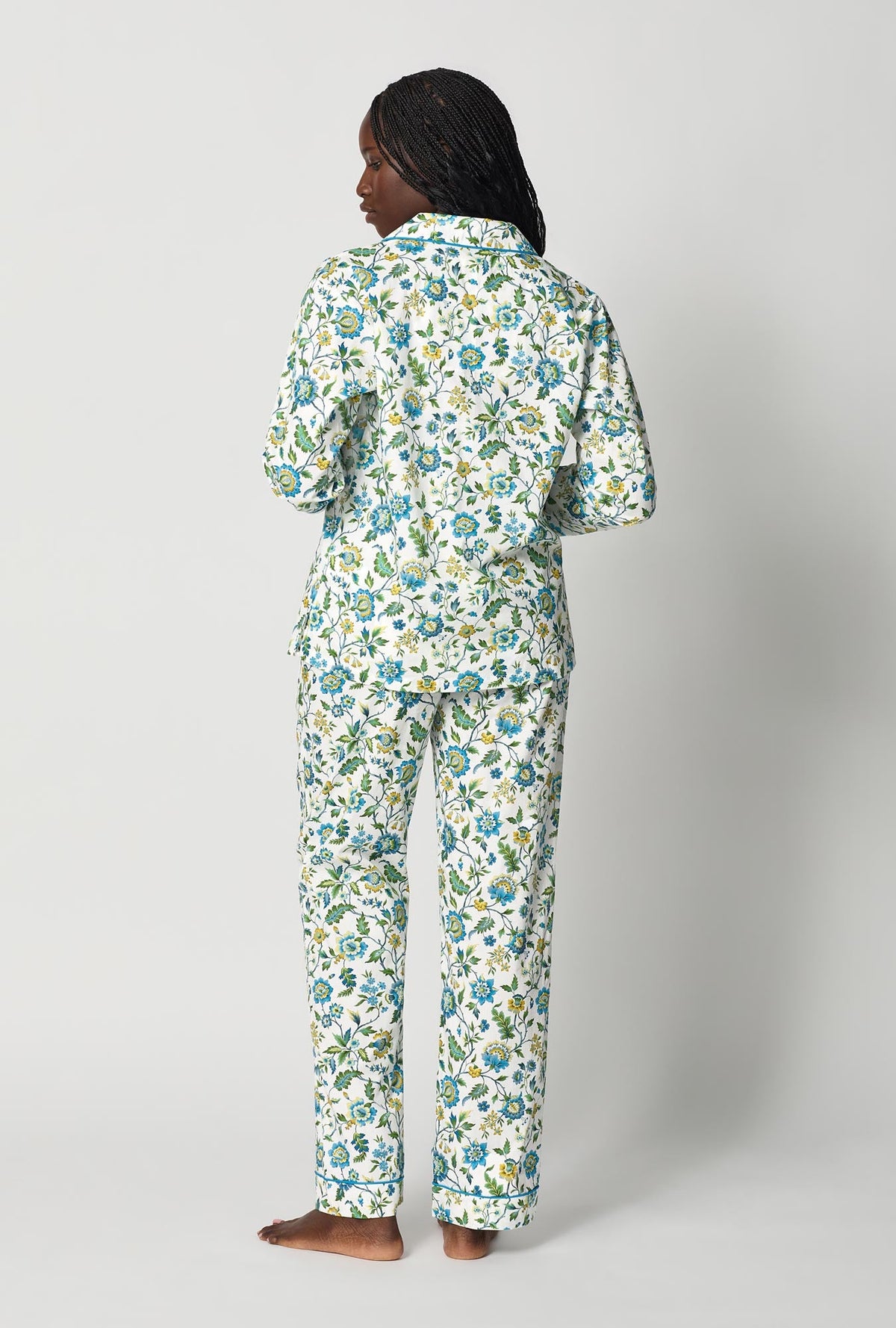 A lady wearing White Long Sleeve Classic Woven Tana Lawn® Pj Set Made With Liberty Fabric back view