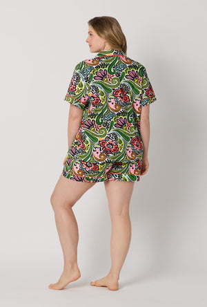 A lady wearing plus size  Multi-Color Short Sleeve Classic Woven Cotton Poplin Shorty Pj Set back view