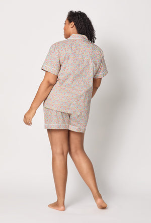 A lady wearing plus size Emma & Georgina Short Sleeve Classic Shorty Woven Tana Lawn® PJ Set Made with Liberty Fabric Back view