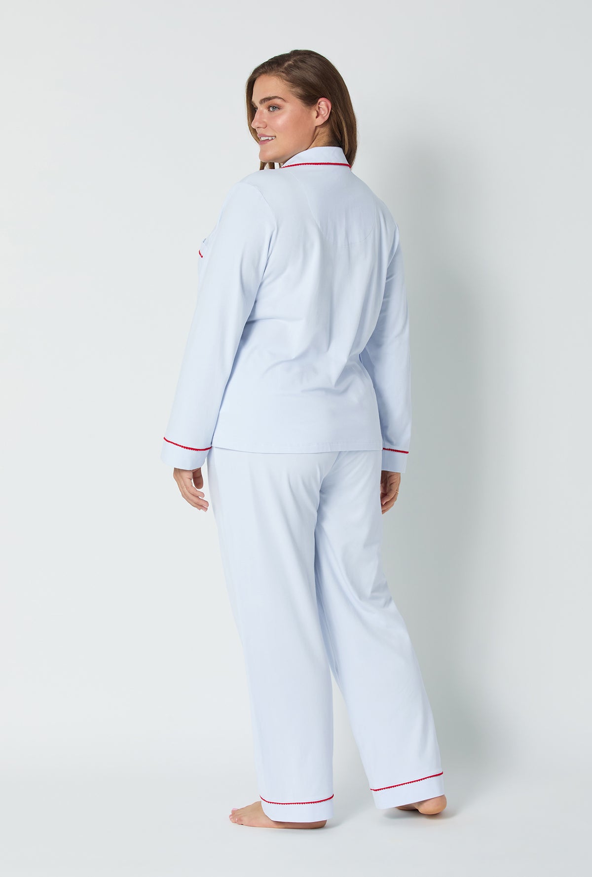 A lady wearing Blissful Blue Long Sleeve Classic Stretch Jersey Pj Set