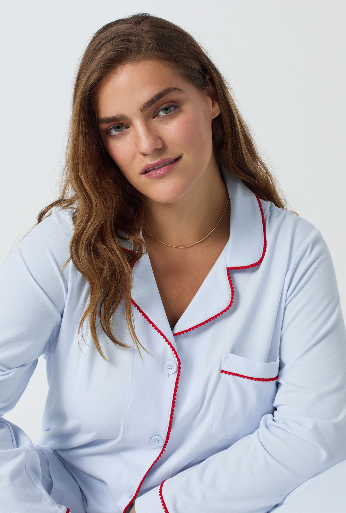 A lady wearing Blissful Blue Long Sleeve Classic Stretch Jersey Pj Set