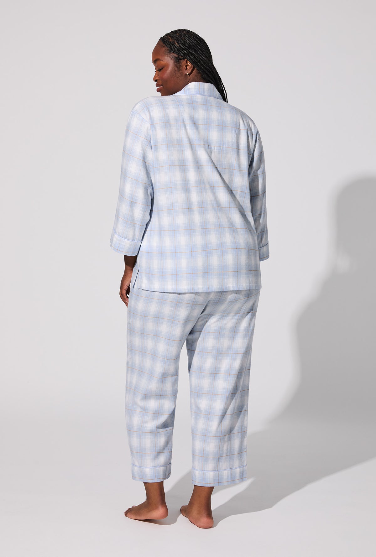 A lady wearing Blue Mountain Plaid 3/4 Sleeve Classic Woven Portuguese Flannel Cropped PJ Set