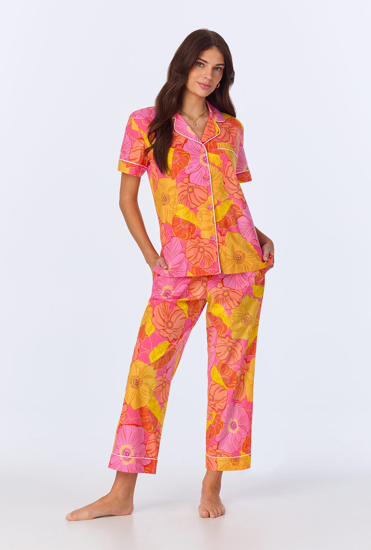 A lady wearing Sunkissed Poppies Short  Sleeve Classic  Woven Cotton Poplin Cropped PJ Set