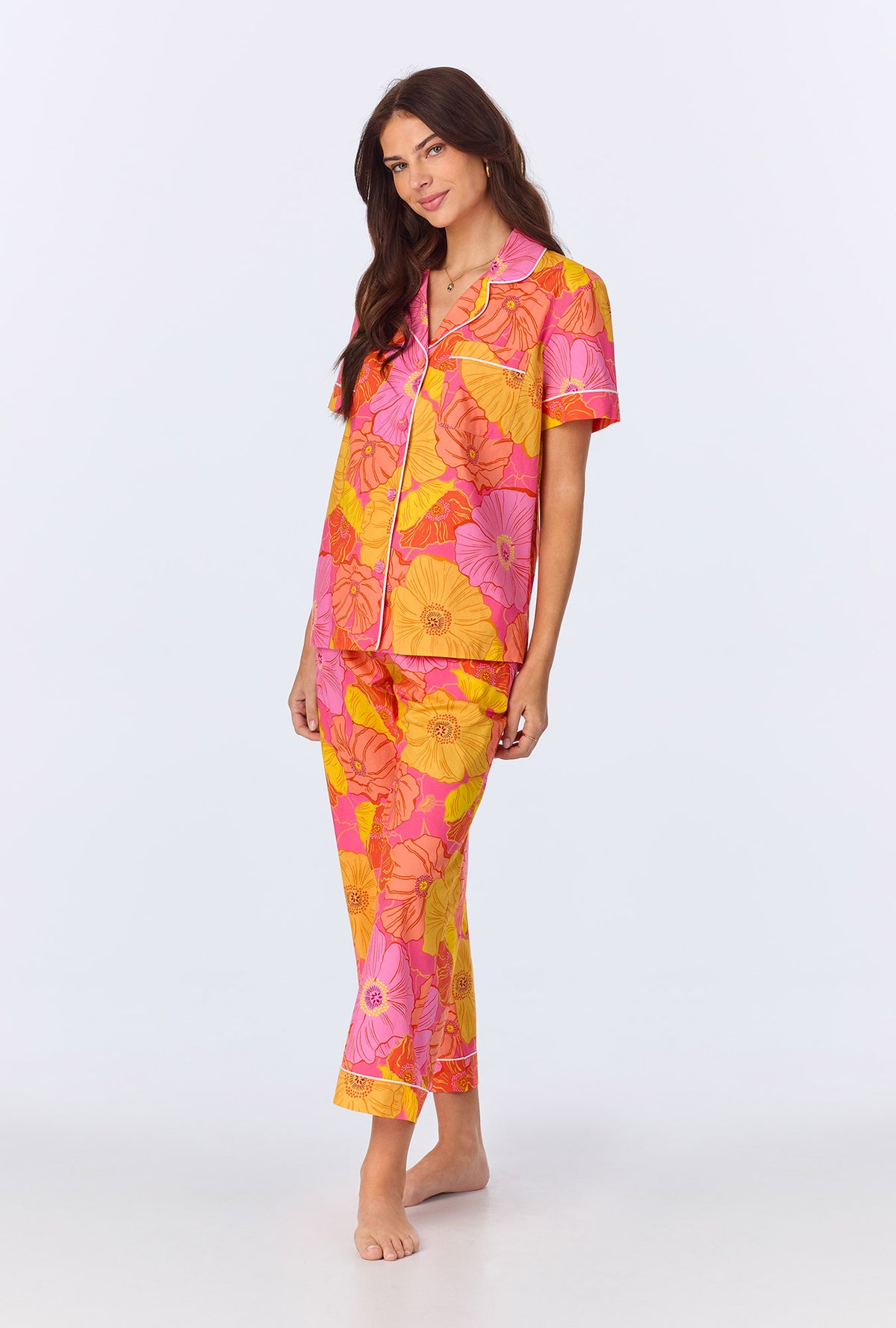 A lady wearing Sunkissed Poppies Short  Sleeve Classic  Woven Cotton Poplin Cropped PJ Set