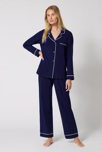 A lady wearing Midnight Navy Long Sleeve Classic Stretch Jersey Pj Set