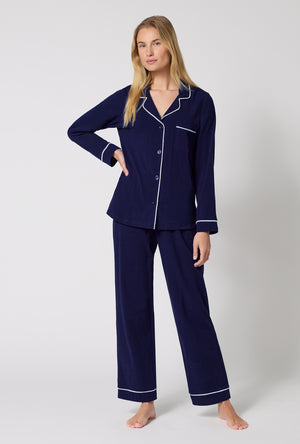 A lady wearing Midnight Navy Long Sleeve Classic Stretch Jersey Pj Set