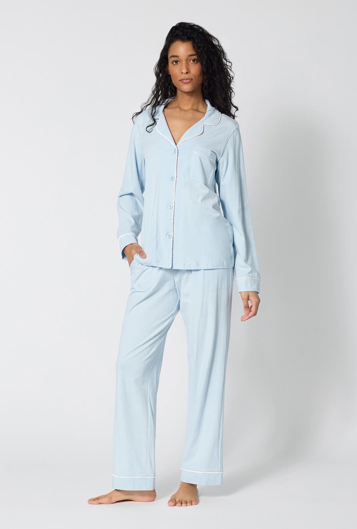 A lady wearing Blissful Blue Long Sleeve Classic Stretch Jersey Pj Set looking front