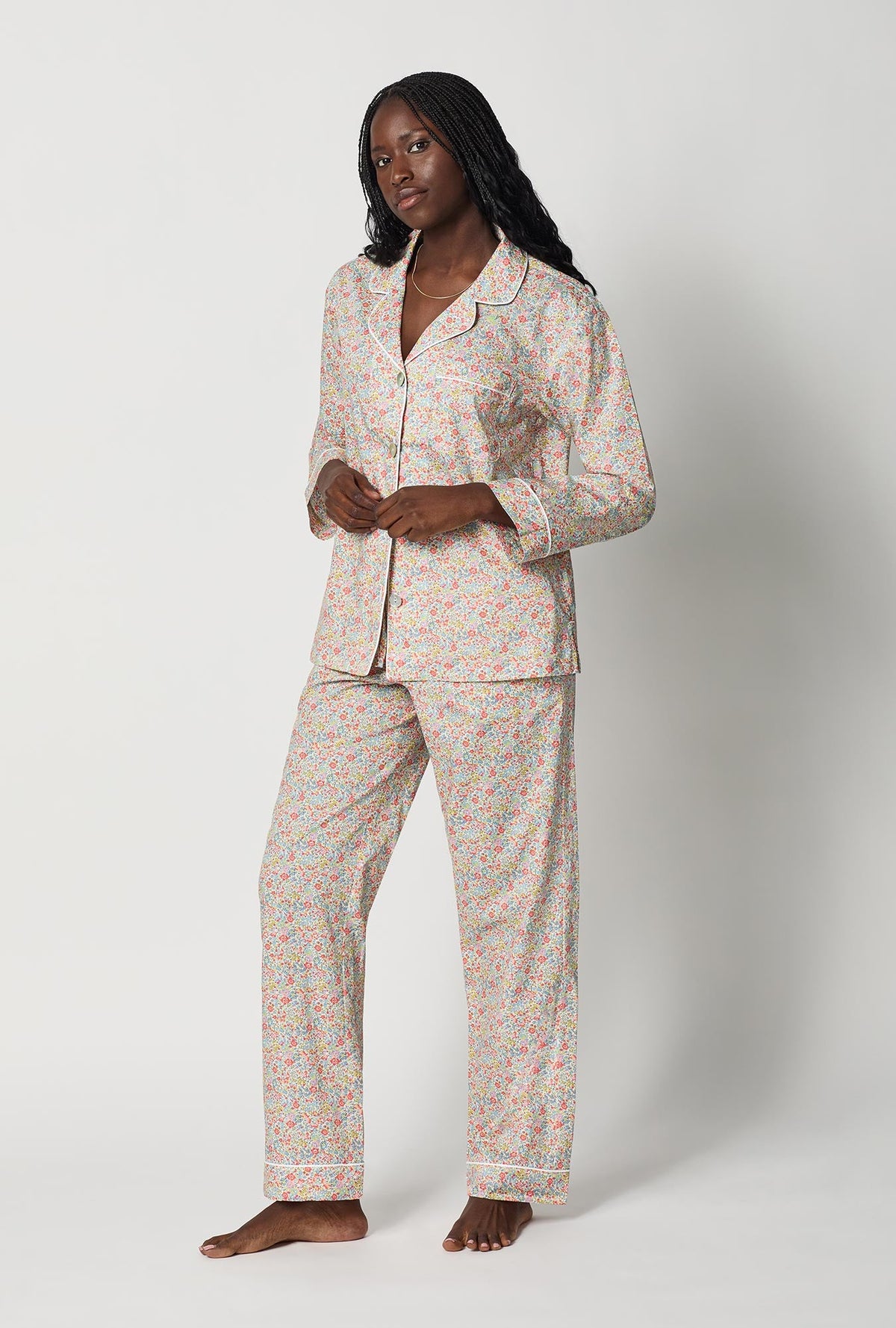 A lady wearing Multi-Color Long Sleeve Classic Woven Tana Lawn® Pj Set Made With Liberty Fabric side view