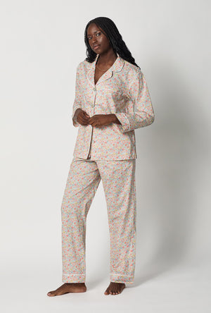 A lady wearing Multi-Color Long Sleeve Classic Woven Tana Lawn® Pj Set Made With Liberty Fabric side view
