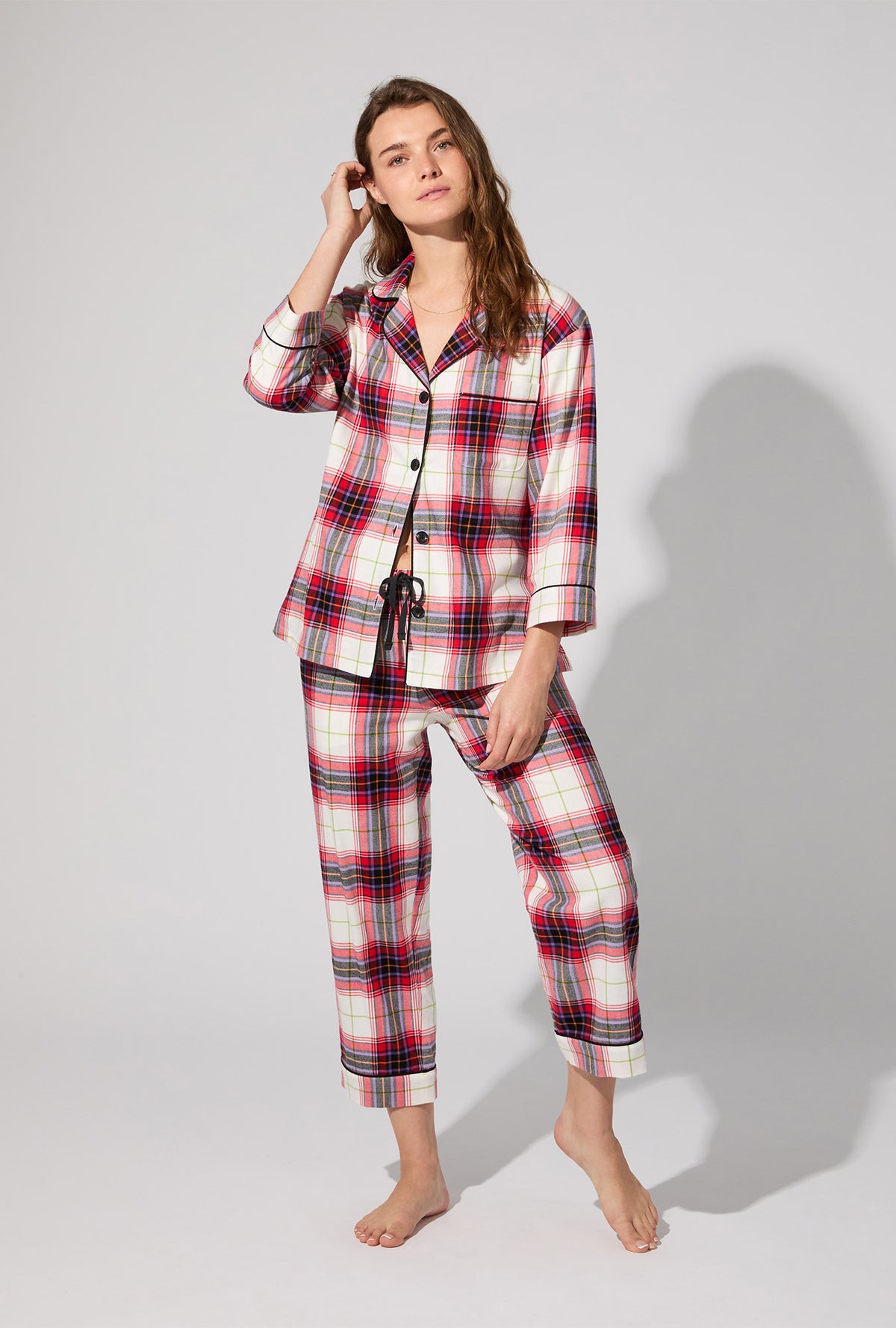 A lady wearing Equestrian Plaid 3/4 Sleeve Classic Woven Portuguese Flannel Cropped PJ Set