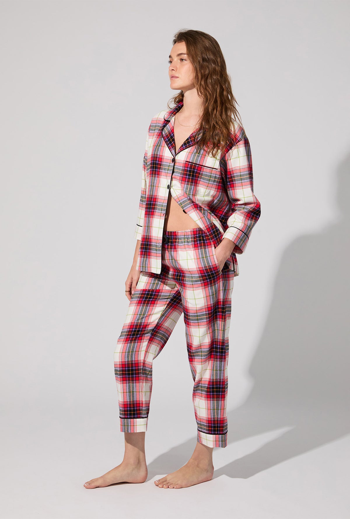 A lady wearing Equestrian Plaid 3/4 Sleeve Classic Woven Portuguese Flannel Cropped PJ Set