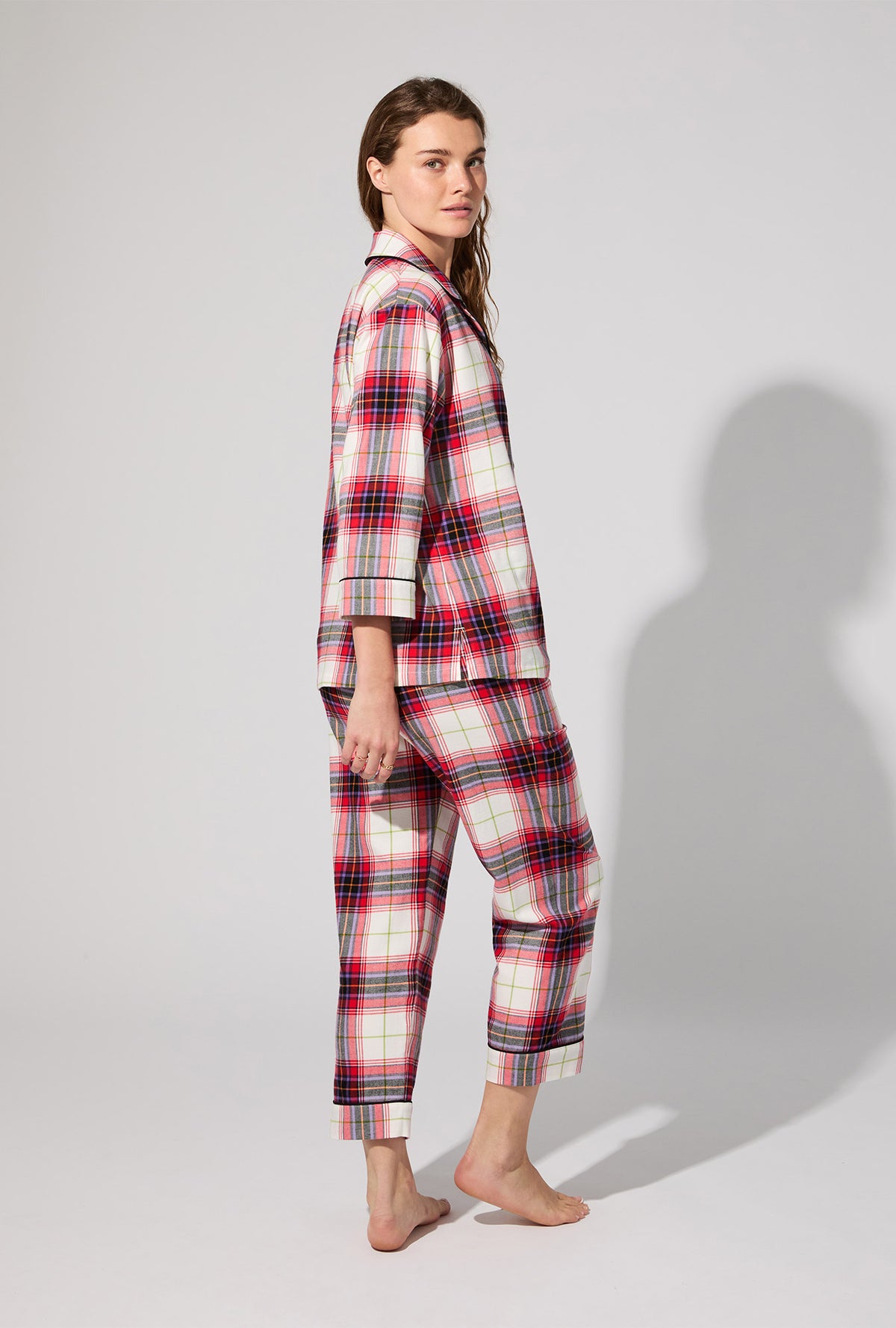 A lady wearing Equestrian Plaid 3/4 Sleeve Classic Woven Portuguese Flannel Cropped PJ Set