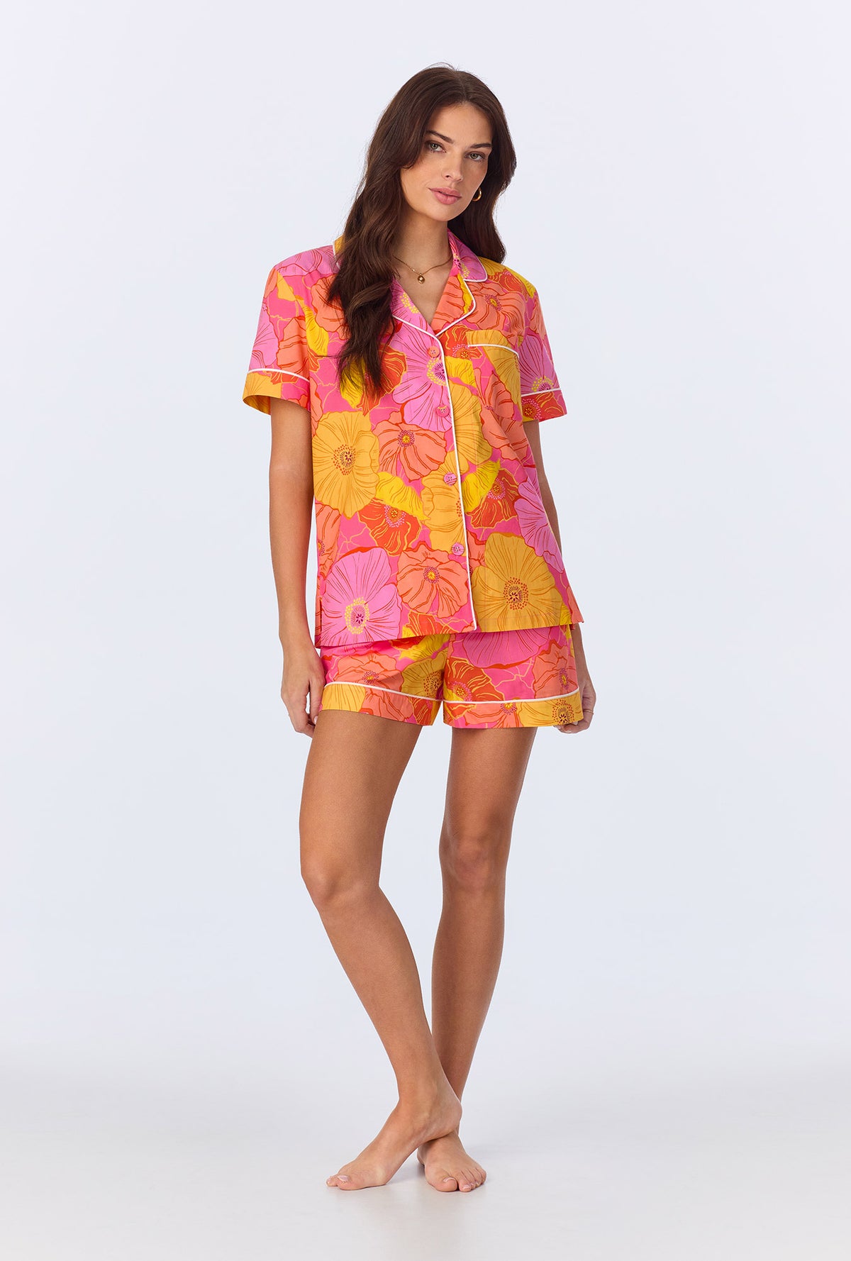 A lady wearing Sunkissed Poppies Short Sleeve Classic  Shorty Woven Cotton Poplin PJ Set