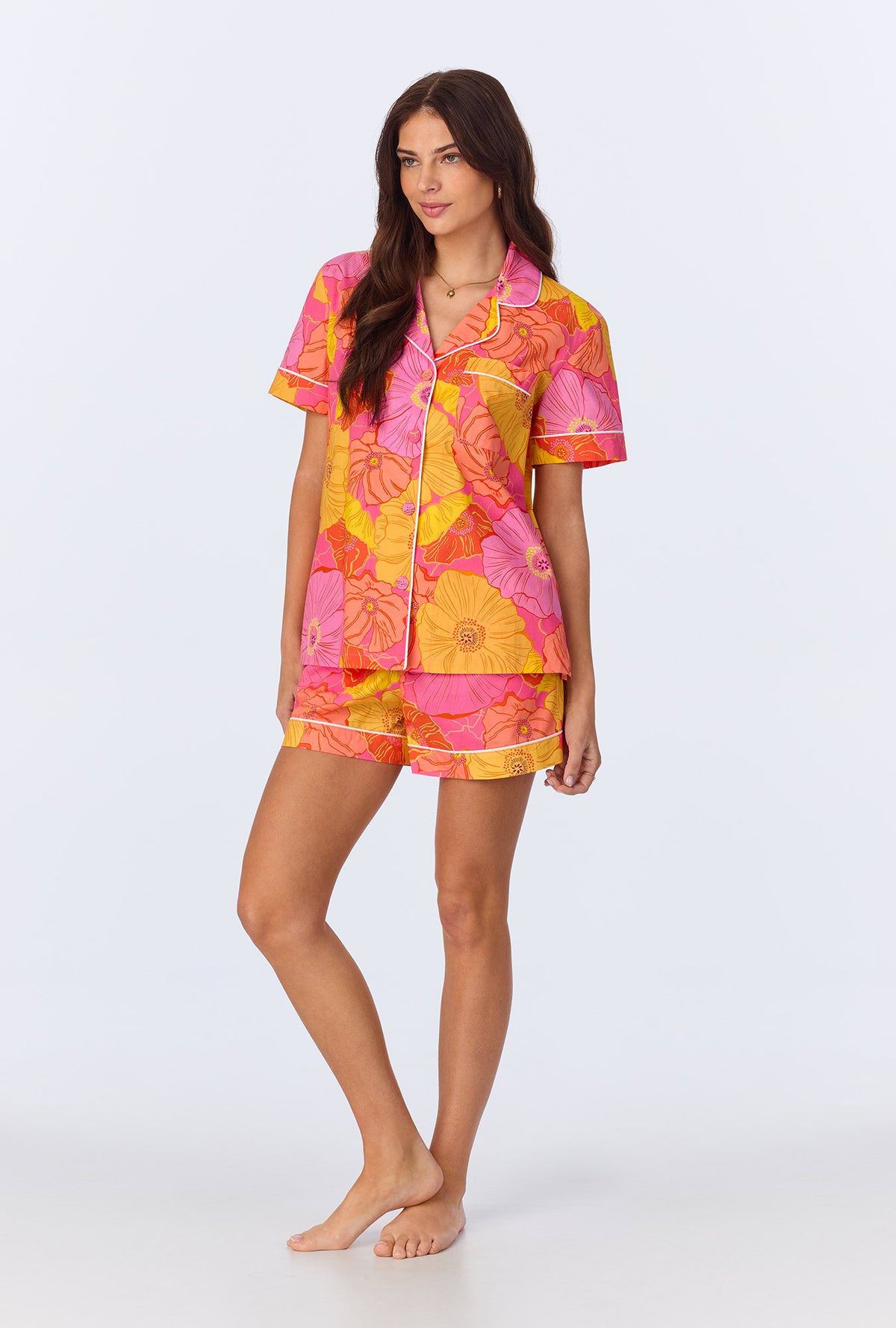 A lady wearing Sunkissed Poppies Short Sleeve Classic  Shorty Woven Cotton Poplin PJ Set