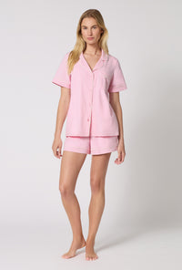 A lady wearing Pink Powder Short Sleeve Classic Shorty Stretch Jersey Pj Set looking front