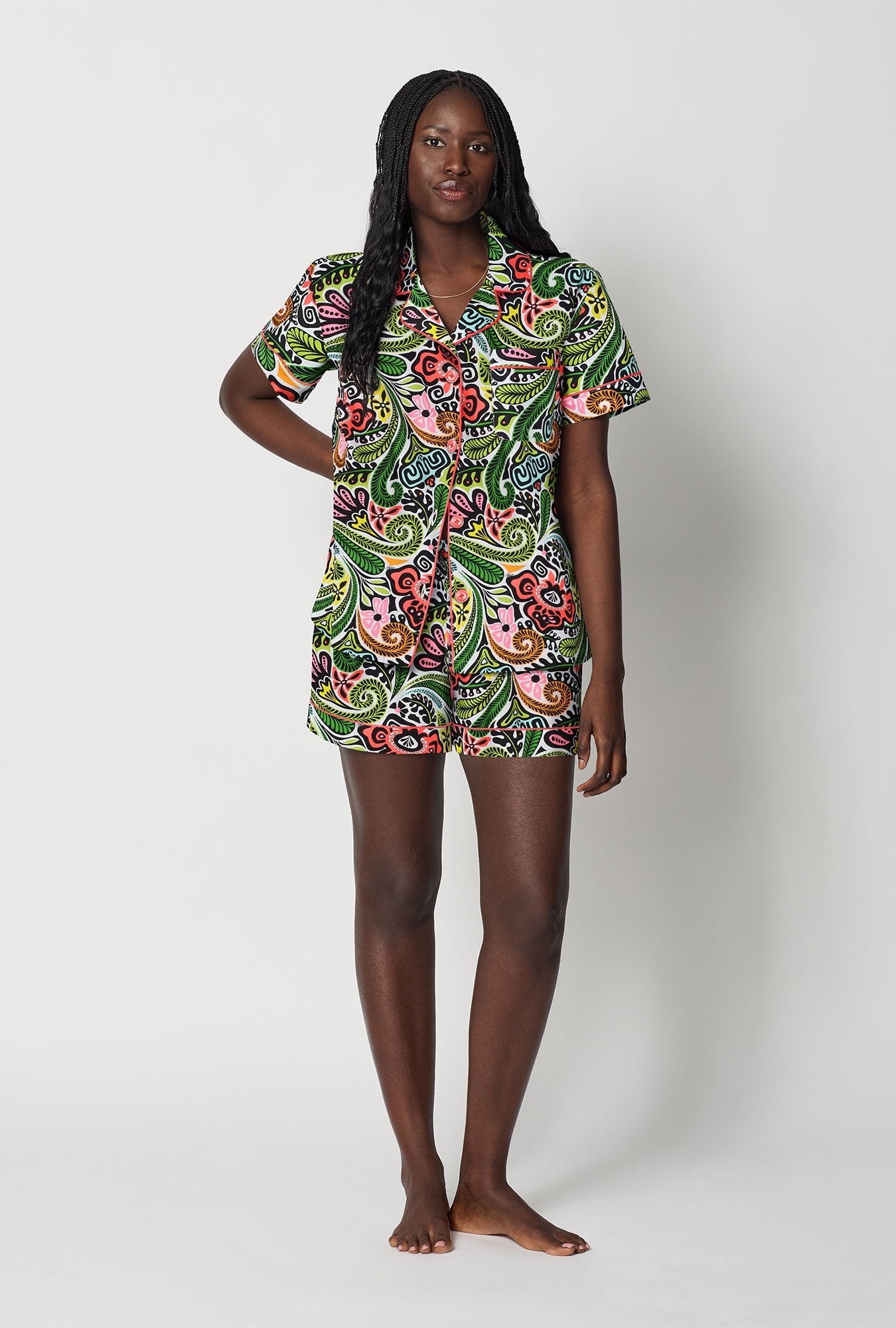 A lady wearing  Multi-Color Short Sleeve Classic Woven Cotton Poplin Shorty Pj Set front view