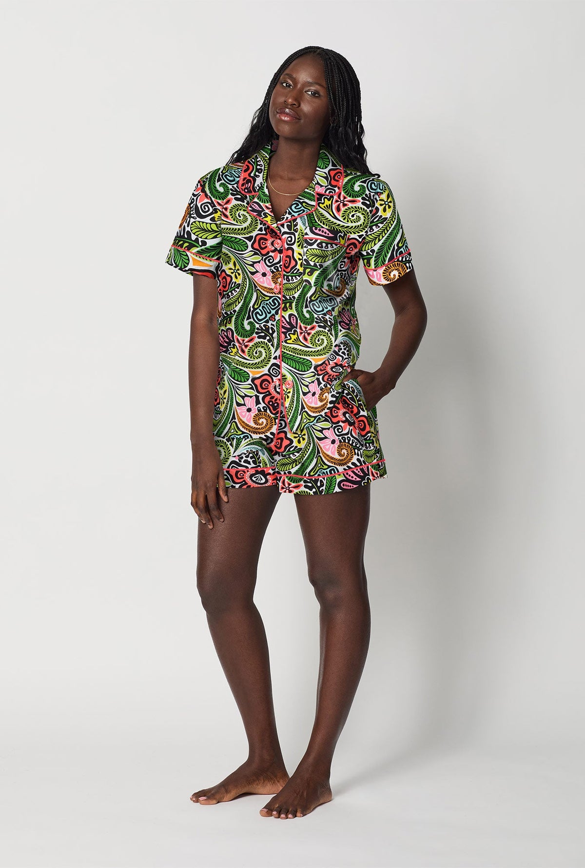 A lady wearing  Multi-Color Short Sleeve Classic Woven Cotton Poplin Shorty Pj Set side view